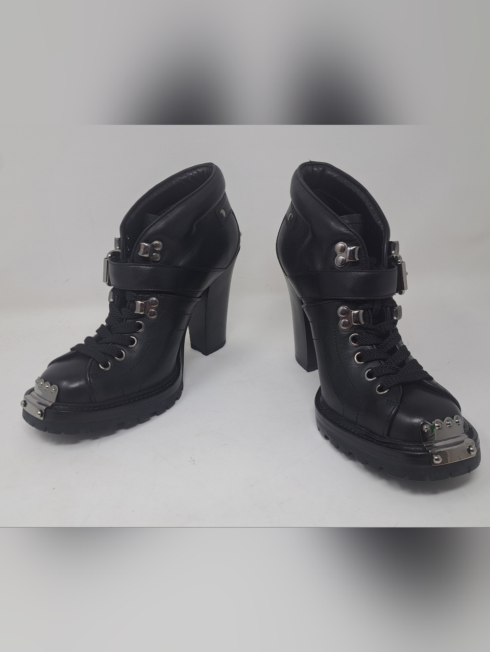 Miu Miu Ankle Combat Boots Moto Black Leather Steel Buckle Block Heels 35.5 IT - Picture 2 of 16